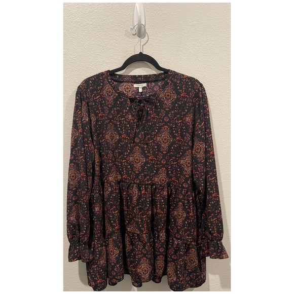 MAURICES Medallion Print Tiered Multicolor Black Tunic Blouse - Picture 2 of 6